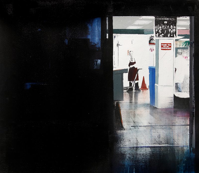Painting of a person inside a brightly lit interior at night.