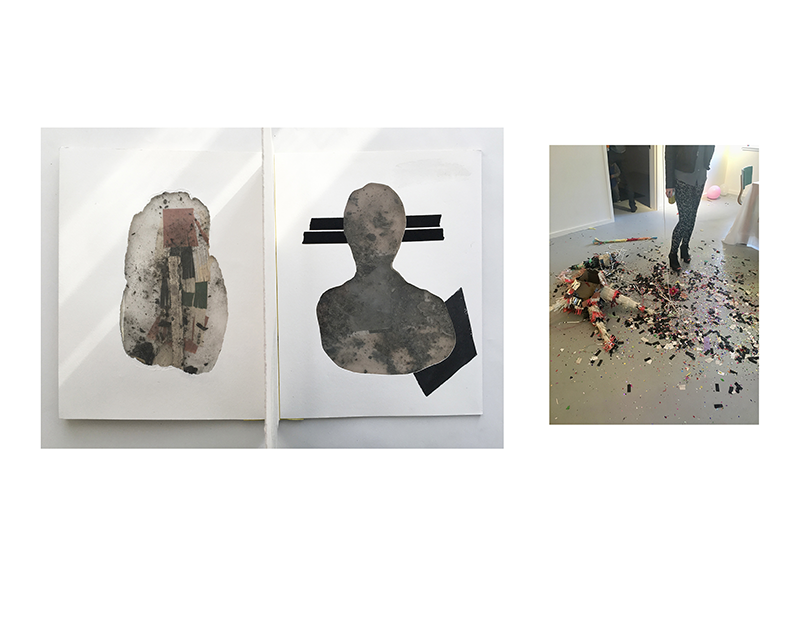 Two images, paired. Left: A diptych of drawings of shadowy forms. Right: A smashed piñata on the ground.