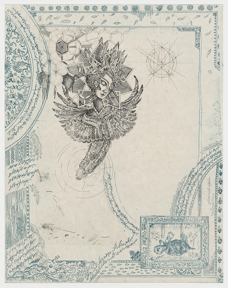 ornate etching depicting a mythical bird