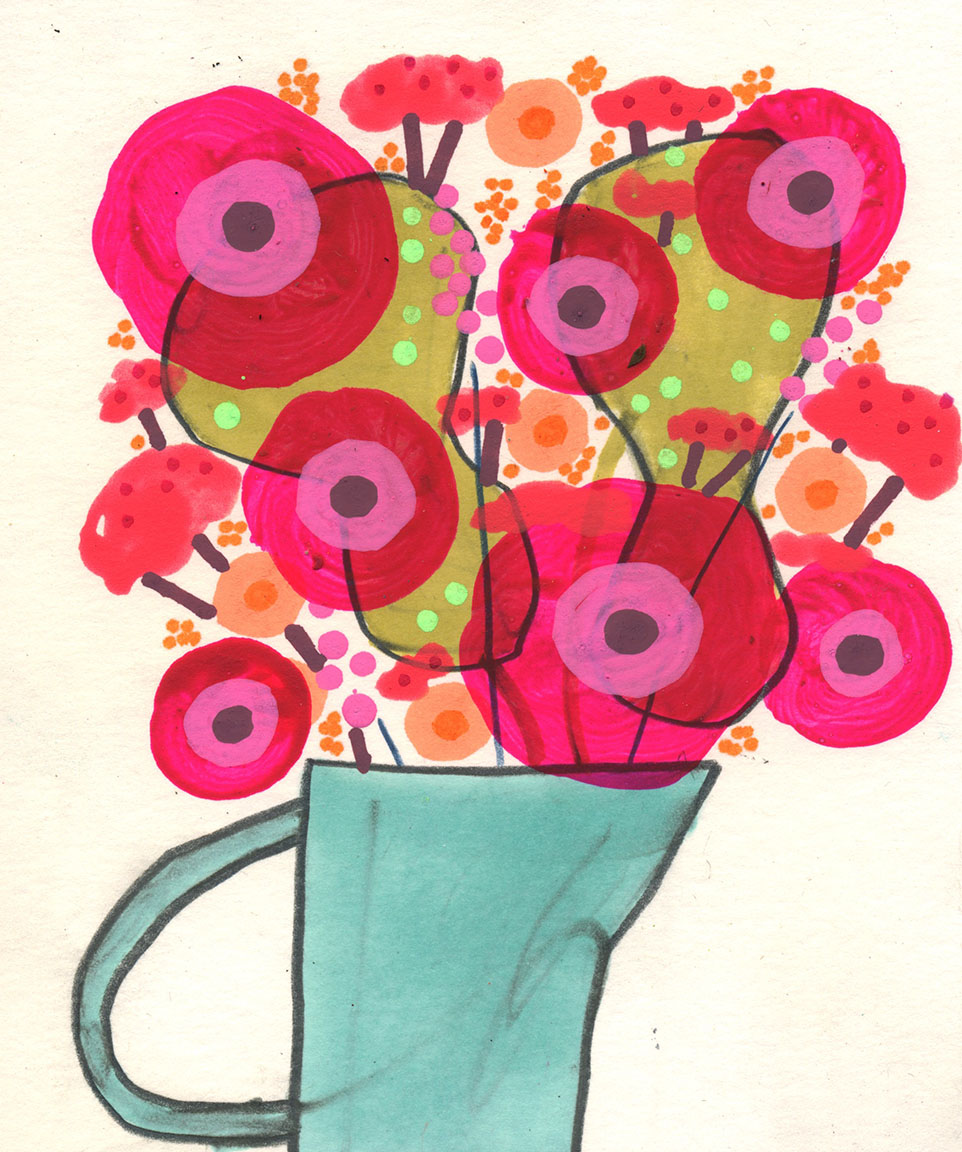 painting of pink flowers in teal pitcher