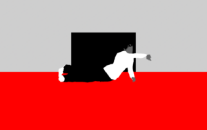 Screenshot of an animation depicting an abstract figure in black and white clothes crawling across a red floor, one arm outstretched.