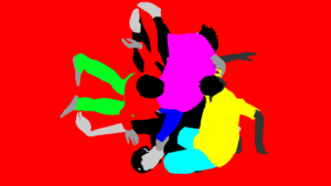 Still form an animation featuring abstract bodies in bright clothes against a red background. 