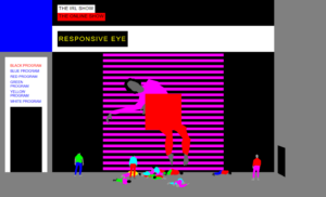 A screenshot of an online exhibition featuring abstract figures and bright strobing backgrounds.
