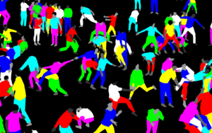 Abstract figures in bright clothing against a black background.