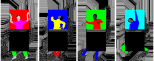 four screenshots of abstract bodies in bright clothes against a colored square and black and white textural background.