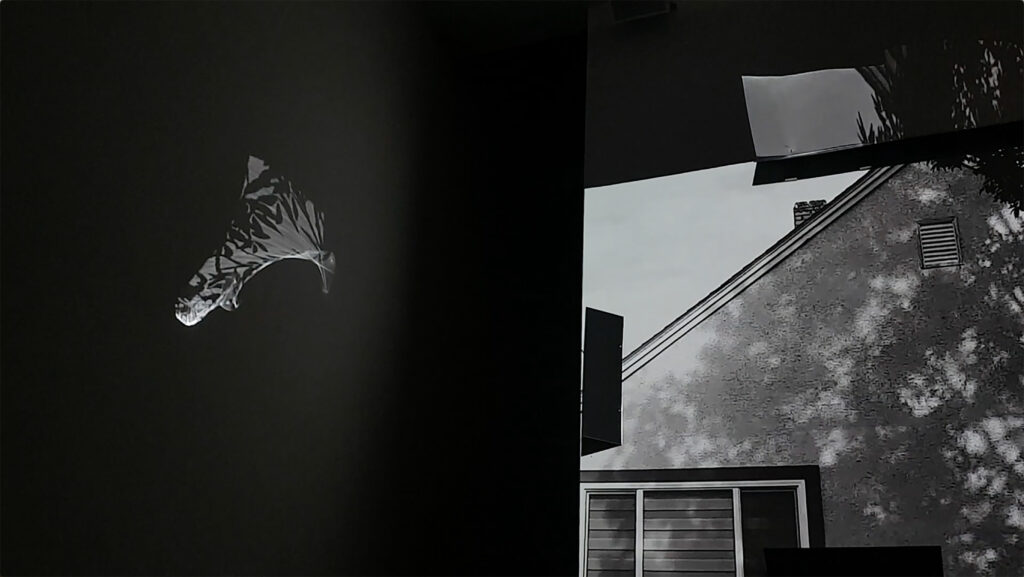 still frame of short b&w video projections of a house