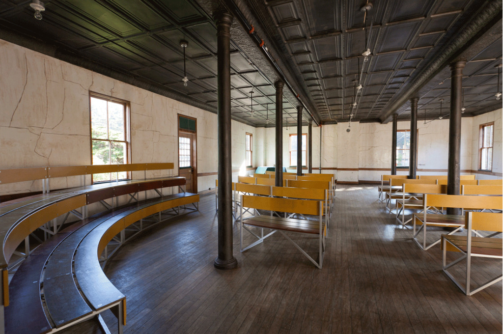 A large room with benches