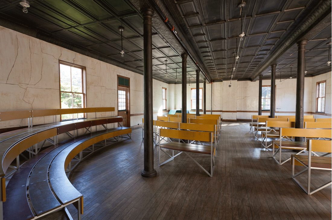 A large room with benches