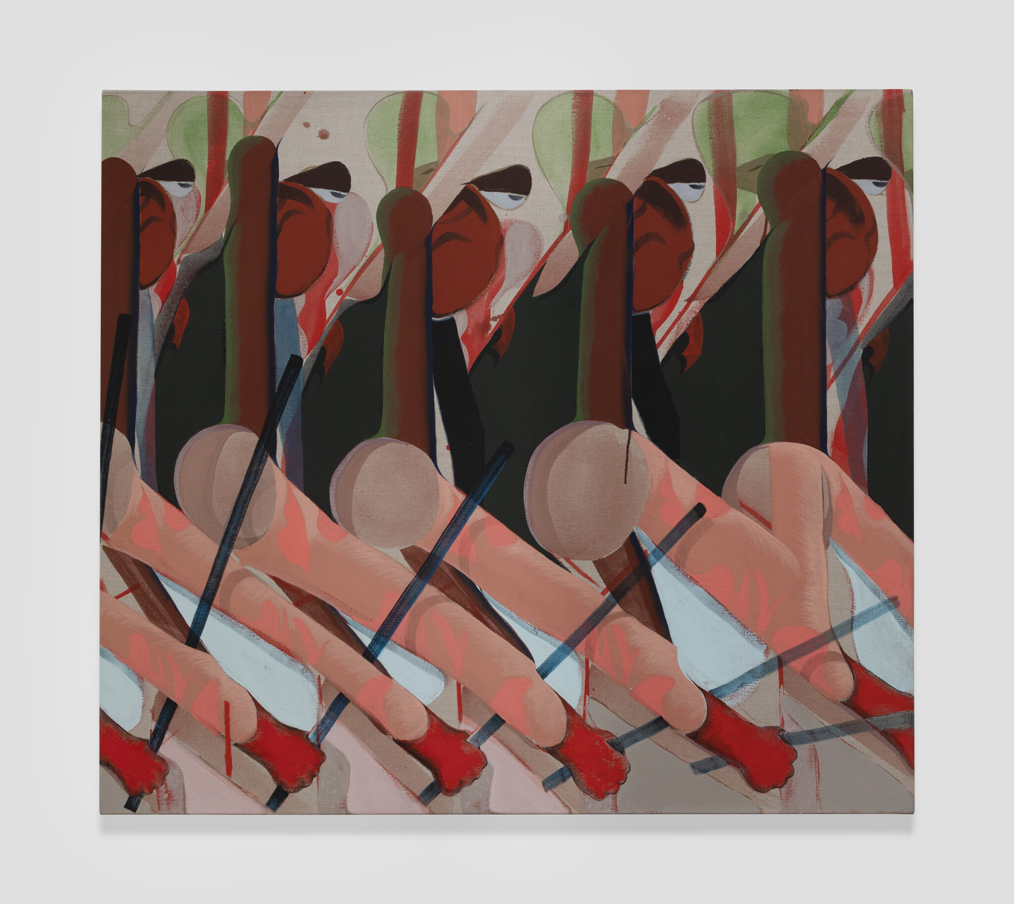 red, blue, and green abstract painting on linen
