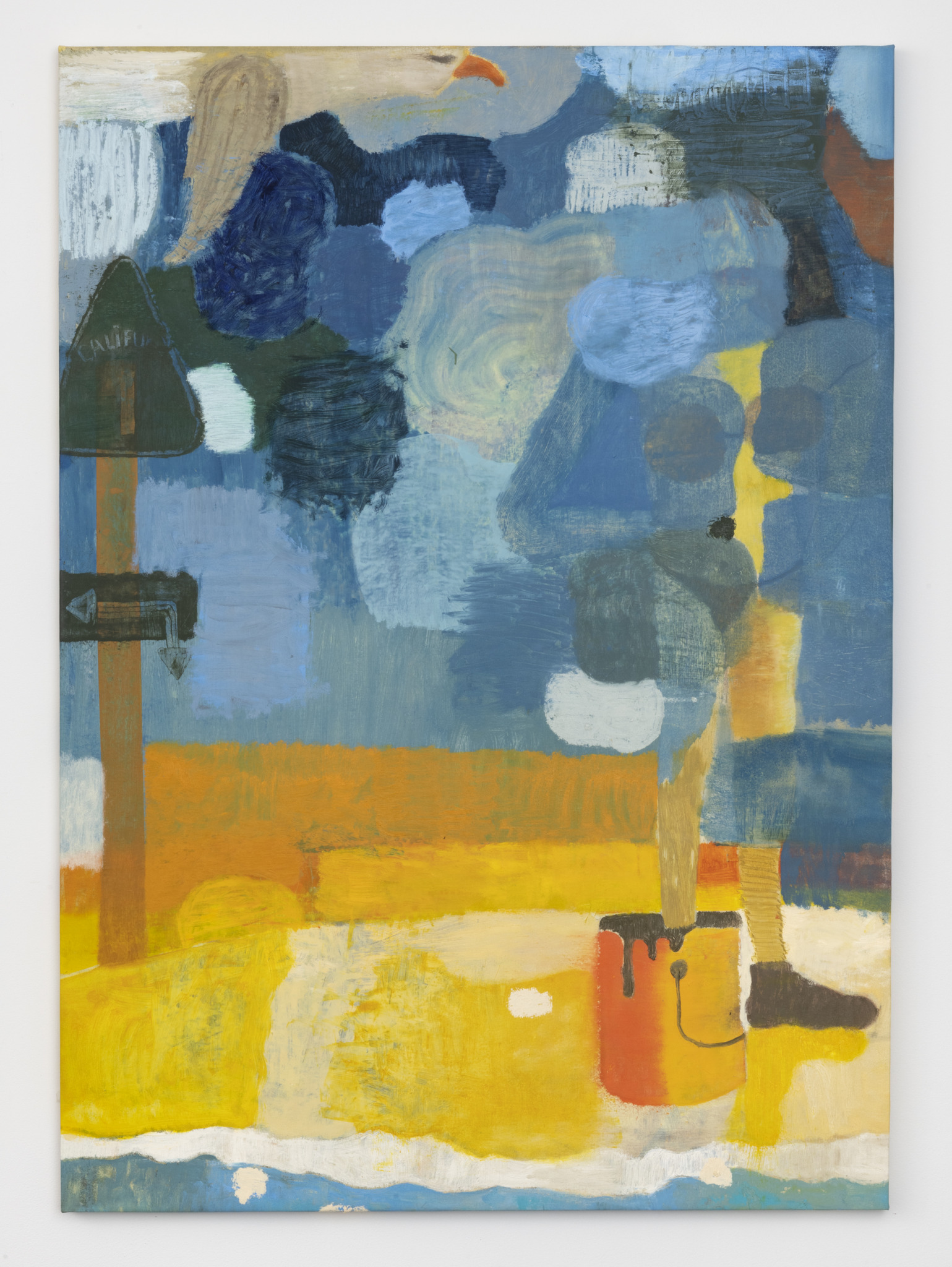 Blue and yellow abstract painting including highway 1 symbol, seagull, someone's foot in a bucket.