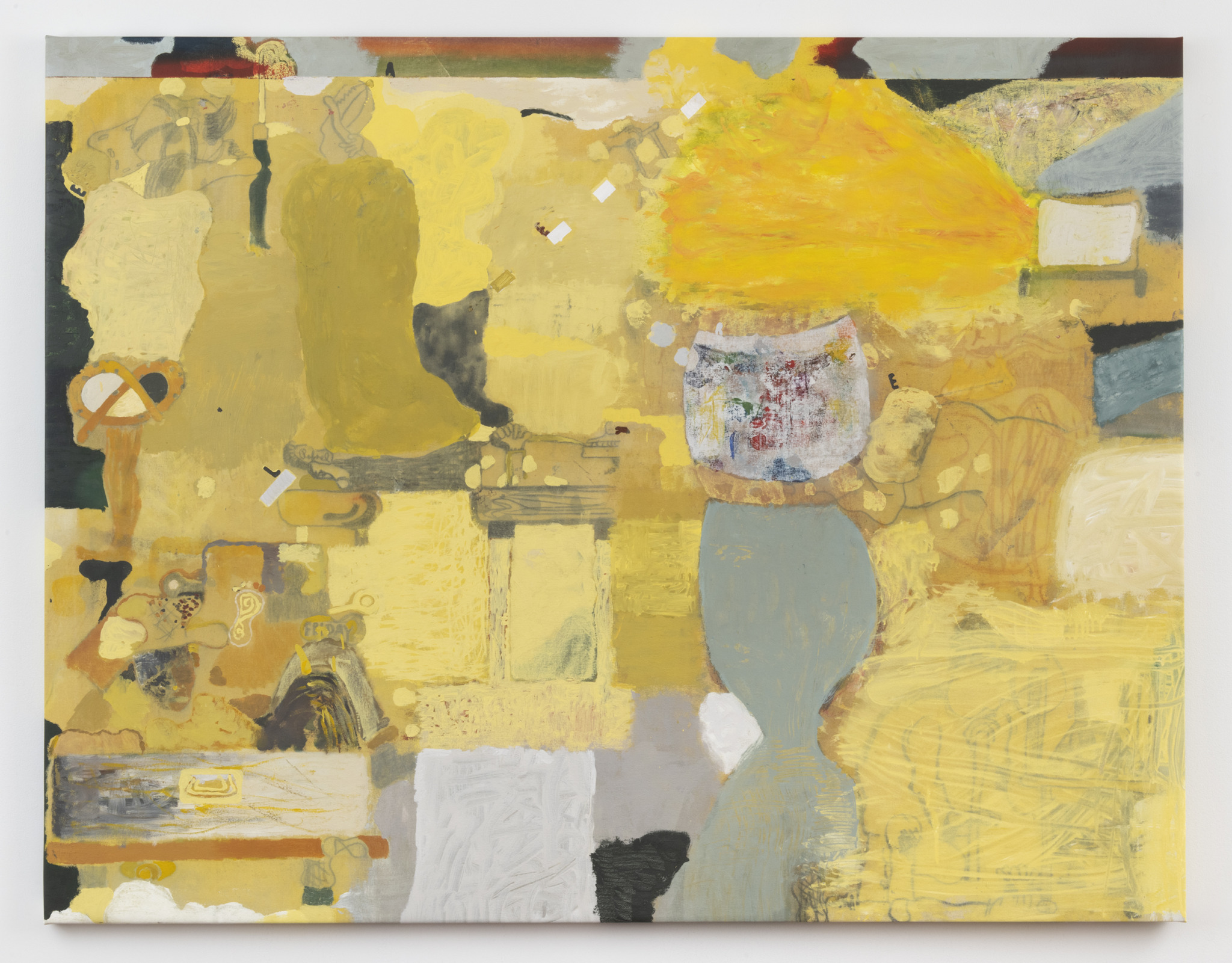 Abstract painting, various shades of yellow with spots of grey.