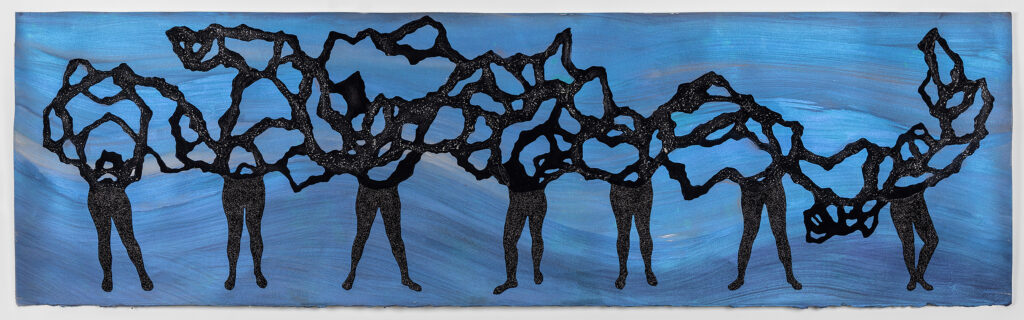 A painting with a blue ground and abstract intertwined figures in black.