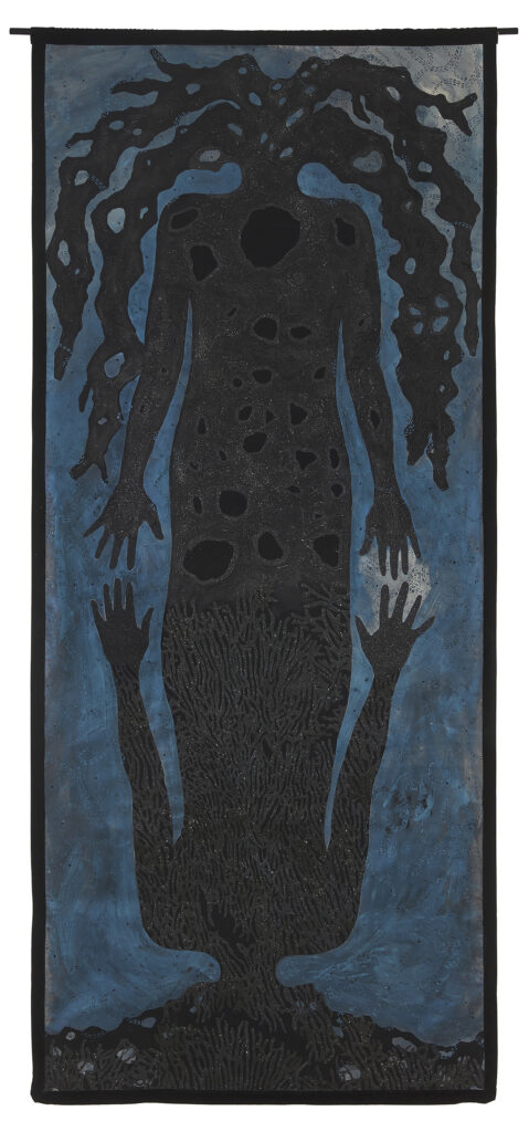 A painting of an abstracted black figure on a blue ground.