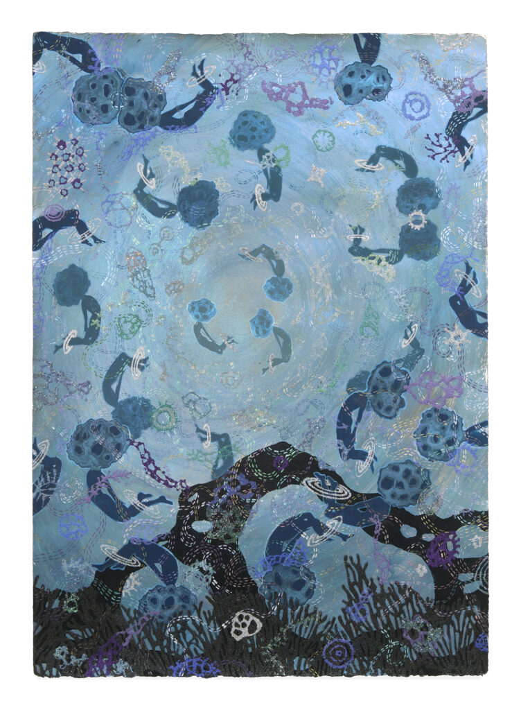 A painting of abstract blue forms