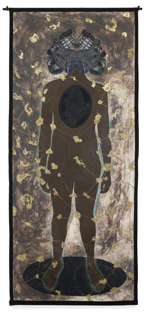 A painting of a brown figure on a brown and gold ground.