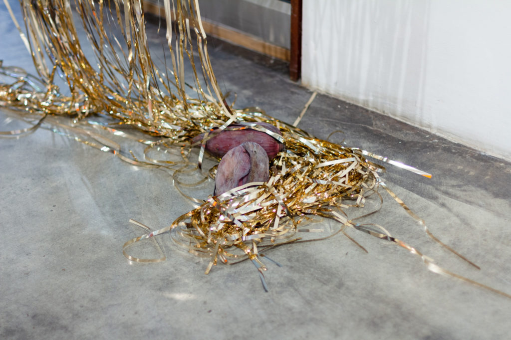 Gold tinsel curtain draped on a pair of banana flowers