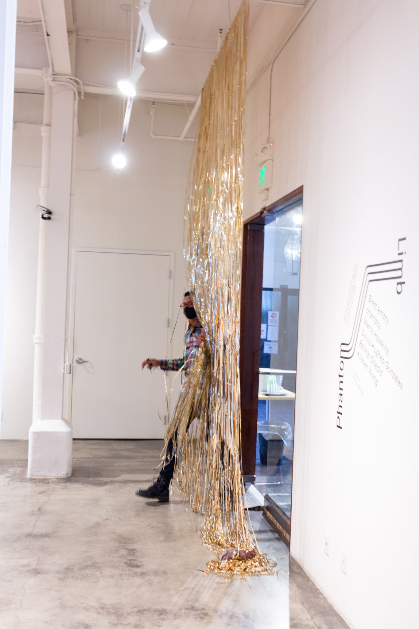 Gold tinsel curtain, with a person walking through.
