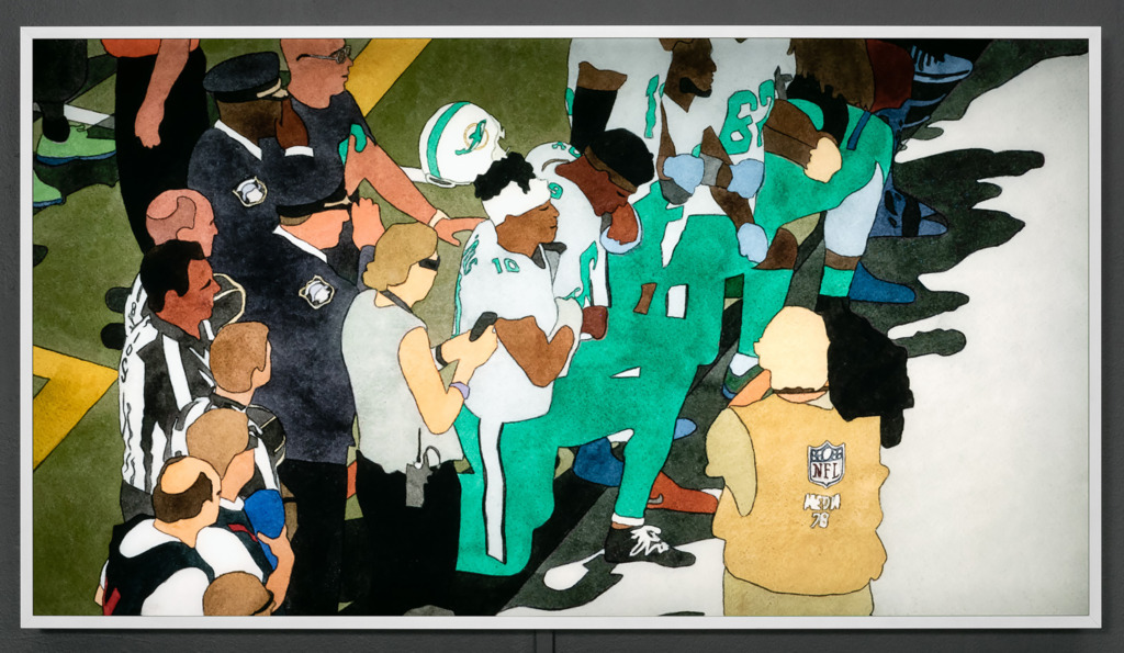 Painting of football players on a sideline kneeling