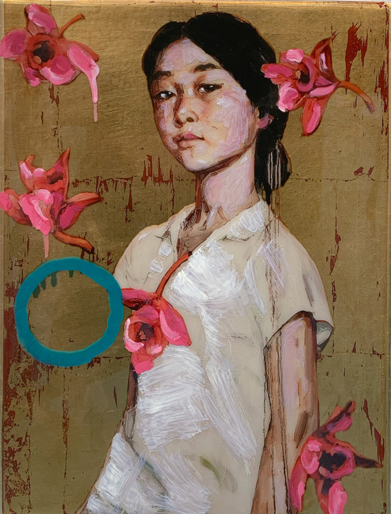 Painting depicting a young person surrounded by pink flowers