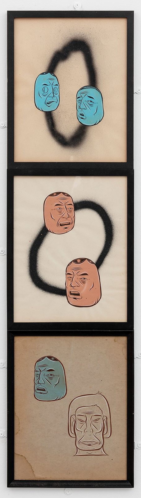 Triptych of paintings with spraypainted circles and little heads