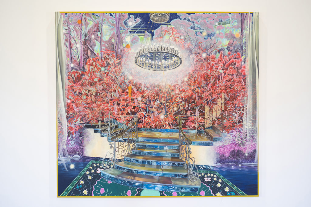 A painting of a staircase and chandelier, with red trees behind