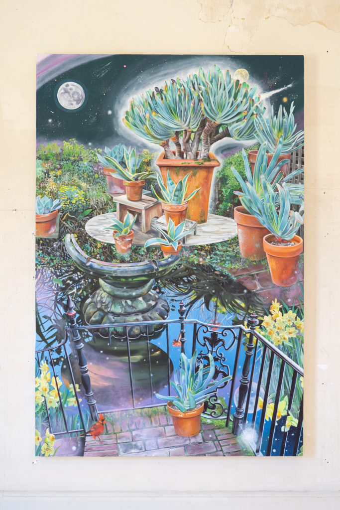 A painting sof potted plants and a night sky