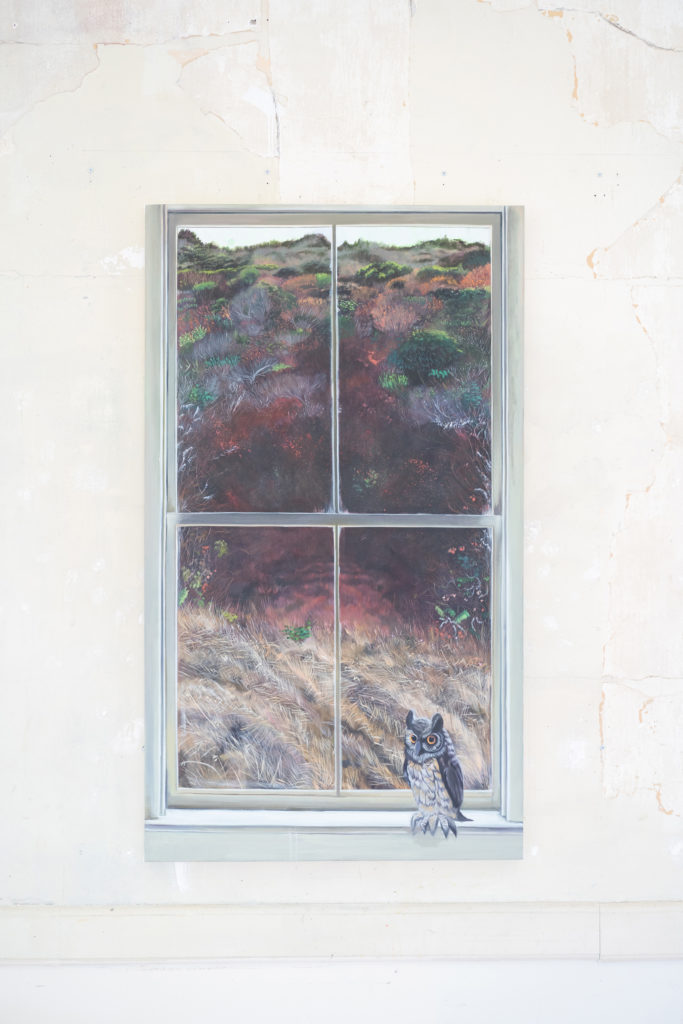 A painting of a window with an owl on the window sill