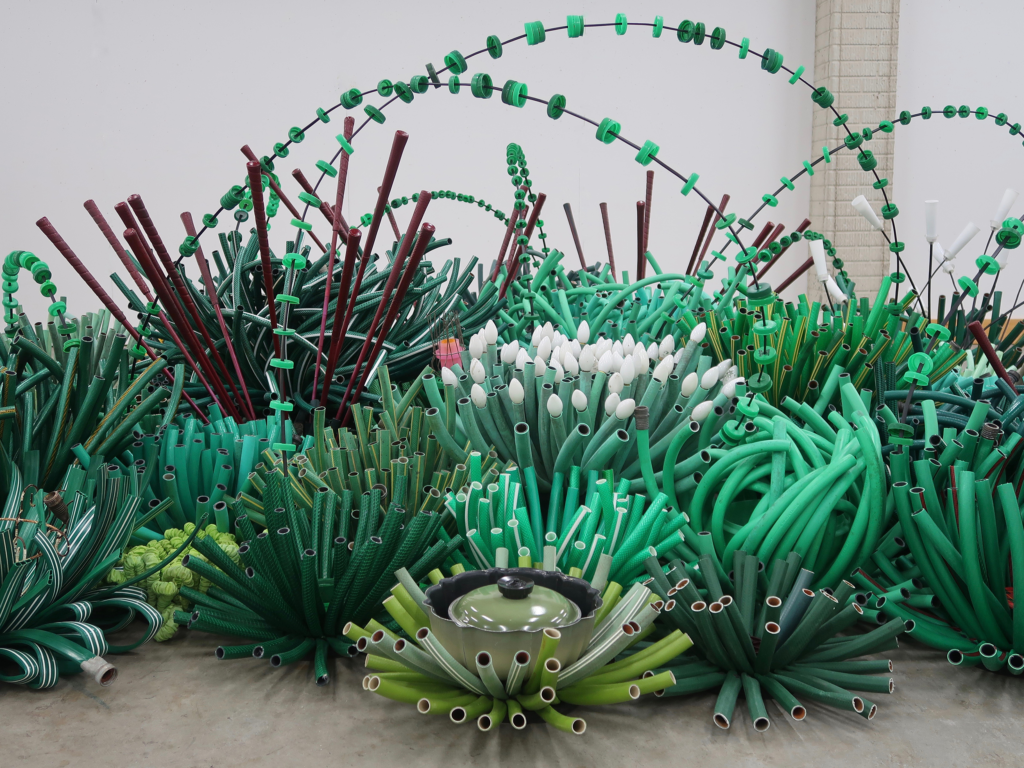 Close up of sculpture resembling grass and flowers