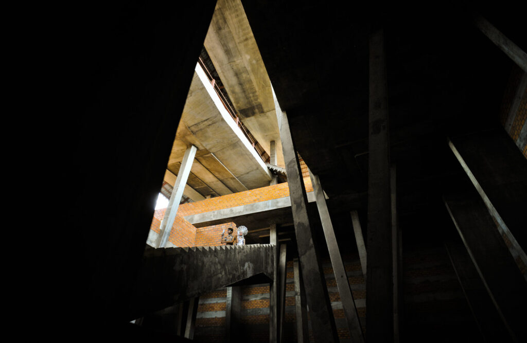 A wooden triangular structure