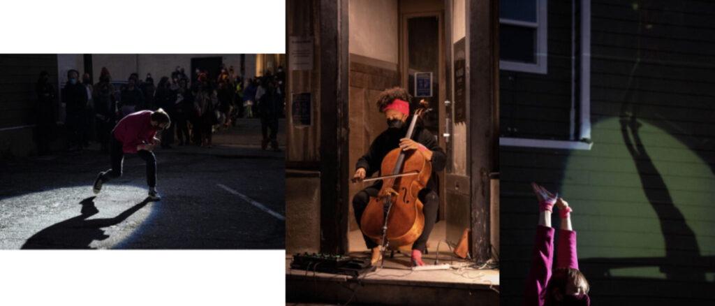 Images of perfromers including a cellist and a dancer