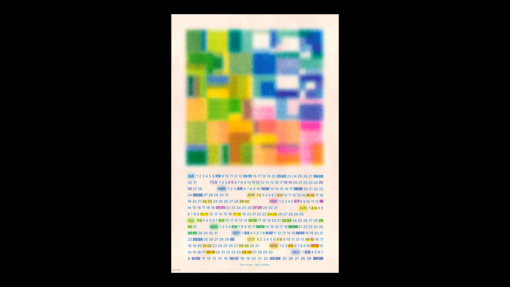 A calendar with a colorful abstract graphic