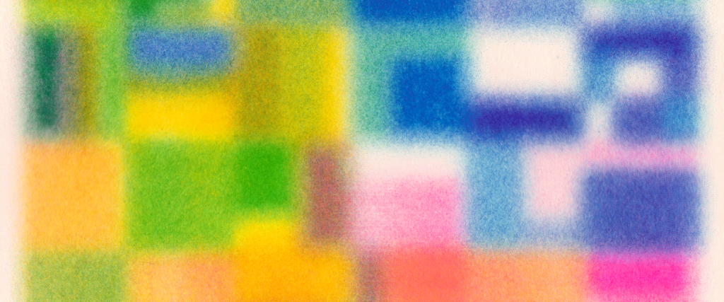 Abstract image of squares and blocks of various colors (yellow, green, blue, pink) with blurry edges