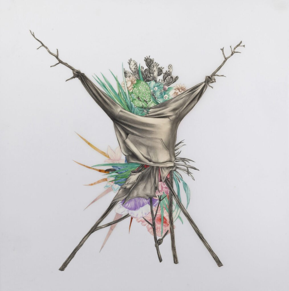 Drawing of a structure composed of wooden branches in an X with fabric and flowers