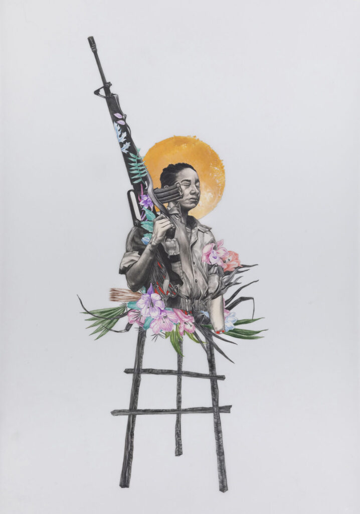 Drawing of a figure atop a wooden structure with a gun and flowers