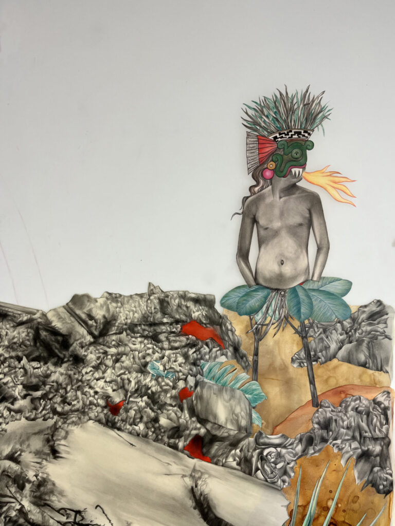 Drawing of a figure with sticks for legs standing amid rubble, wearing a leaf skirt and dragon mask.