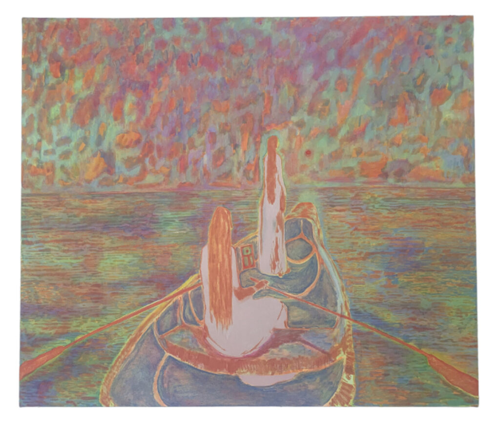 A painting with vivid greens, purples, pinks, and oranges, depicting two women, seen from behind, in a rowboat on a body of water.