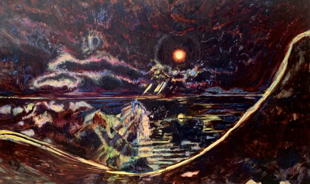 Painting with dark color; a glowing moon is depicted above a body of water and a curving shoreline.