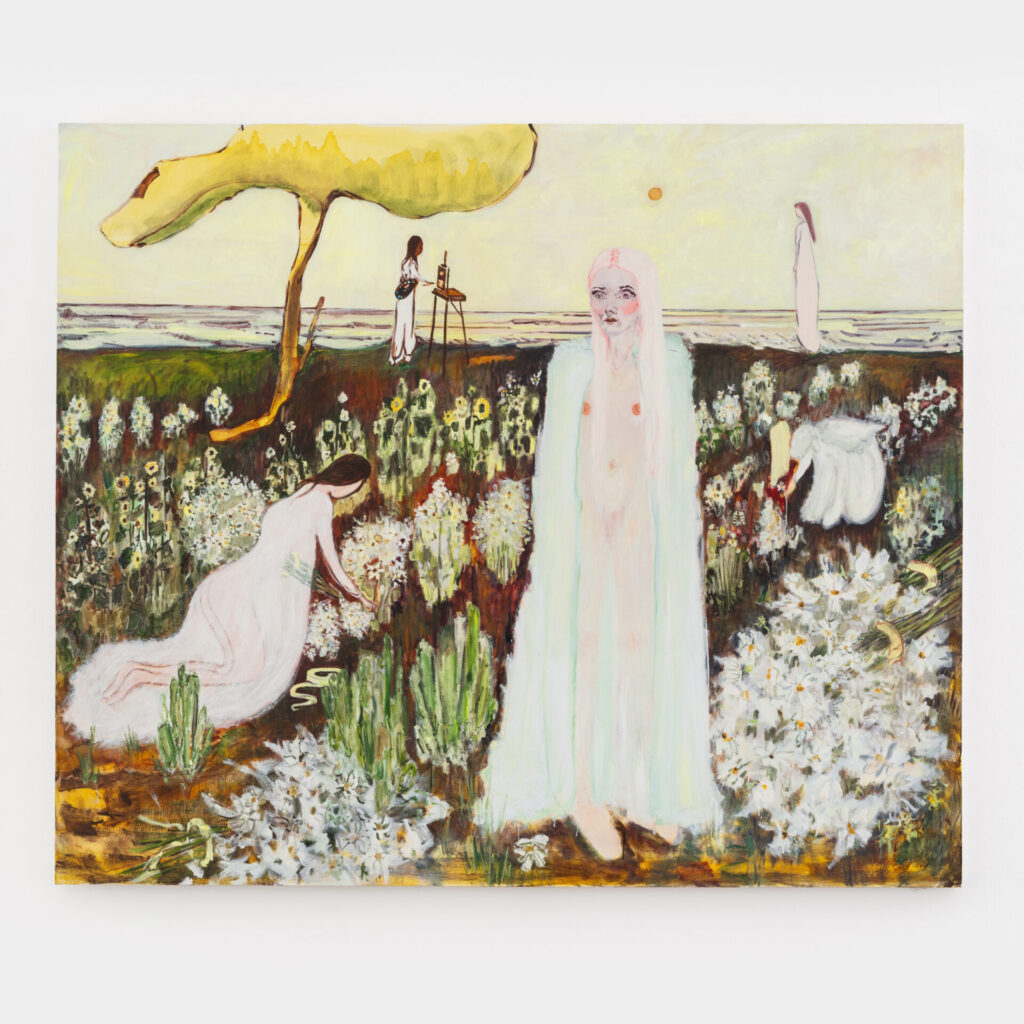 A painting depicting a woman standing naked with a white cape in a row garden of flowers; other women kneel as they pick the flowers.