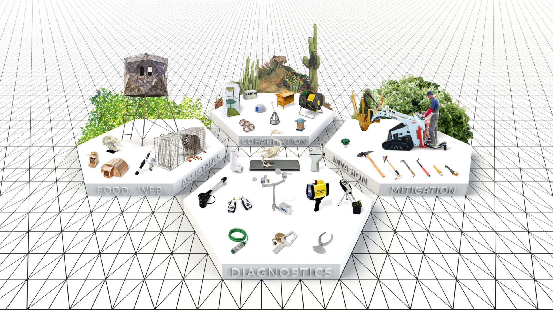 collaged image with hexagonal platforms against a grid, platforms labelled with text such as