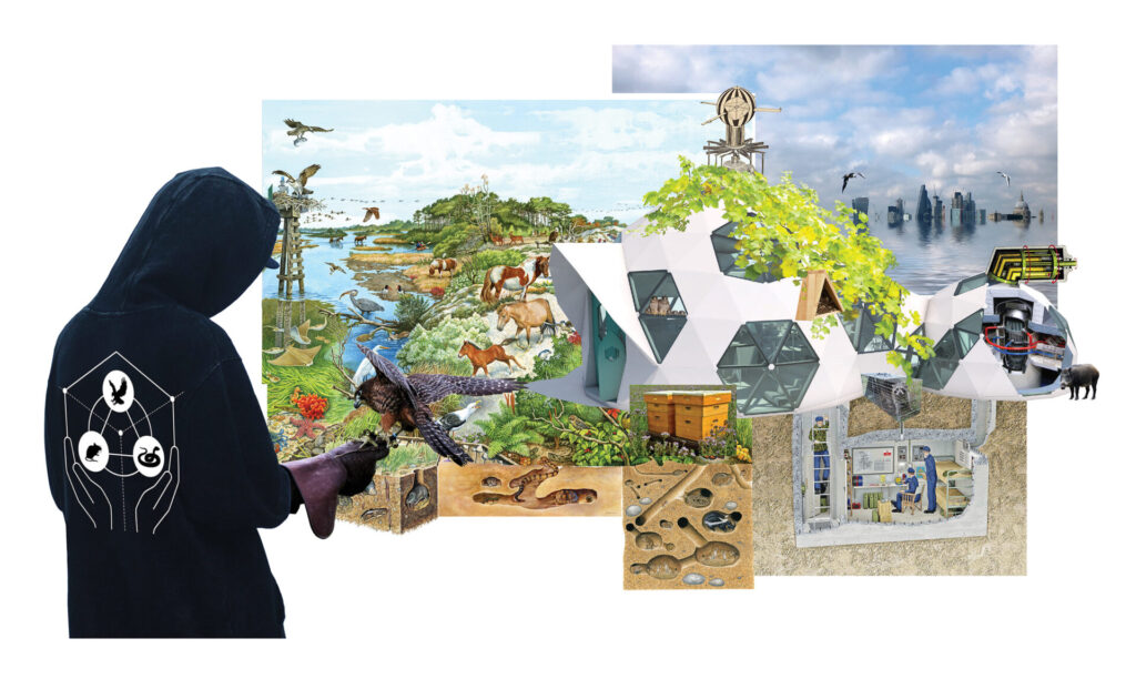 Collaged image of a figure in a black hoodie, holding a falcon, geodesic domes, and underground animal habitats.
