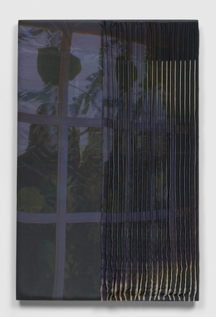 Abstract work in dark hues with an image of a window and vertical lines