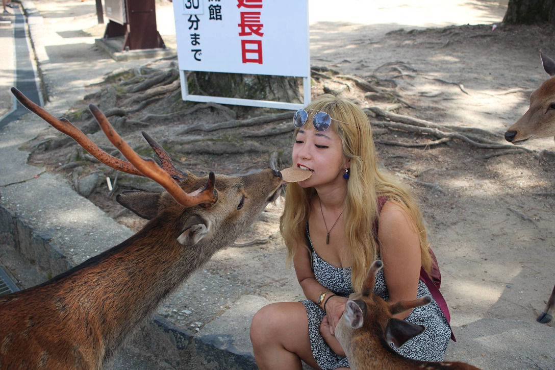 A woman – Victoria Shen – holding a wafer in her mouth; a deer is nibbling from the wafer.
