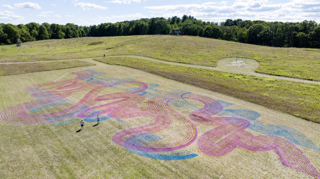An aerial photograph of a large mowed field painted with pink and blue swirls