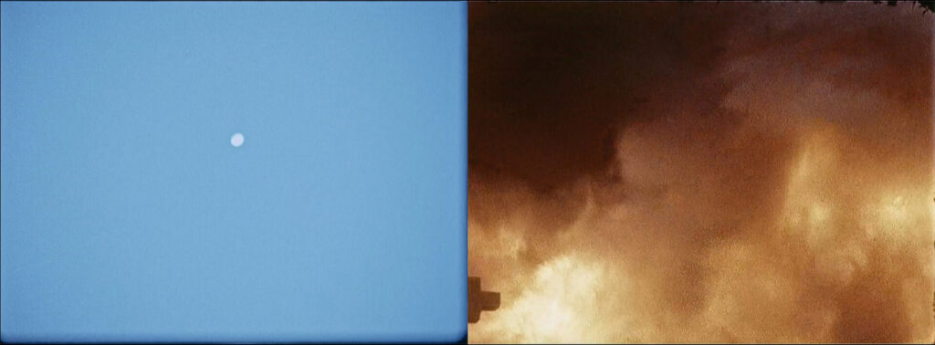 Two images side by side: a blue sky, and a cloud of billowing smoke.