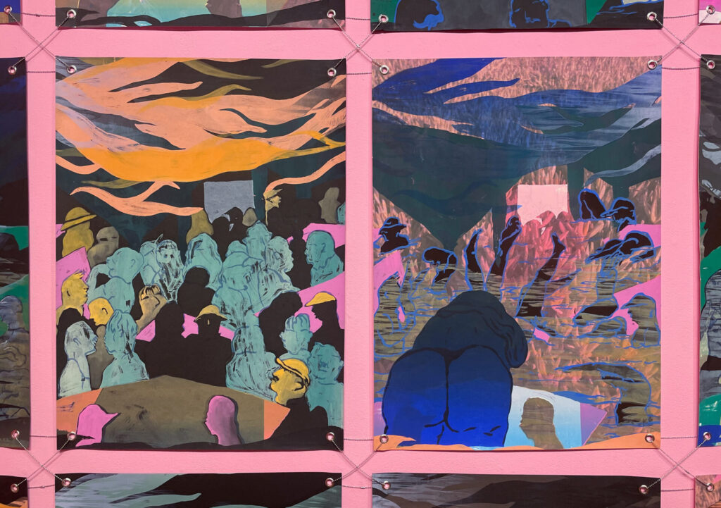A pair of paintings featuring crowds and bodies in a colorful space