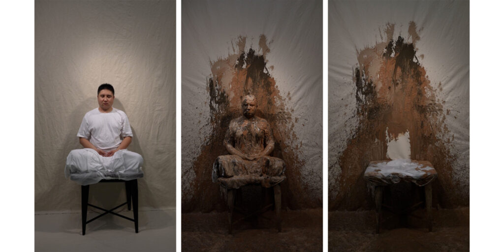 A series of photos depicting a figure in meditation splattered by clay slip.