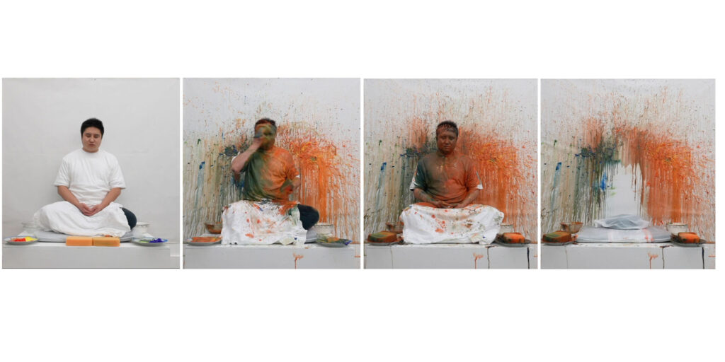 A series of photos depicting a figure in meditation splattered by paint.