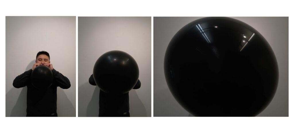 Series of photos featuring a figure sitting in meditation and a large black balloon gradually inflating