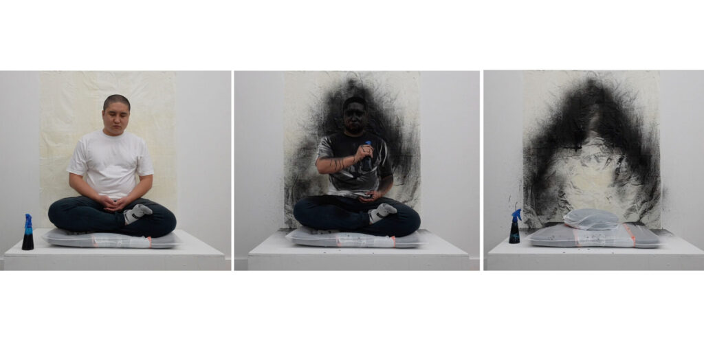 A series of photos depicting a figure in meditation splattered by ink.