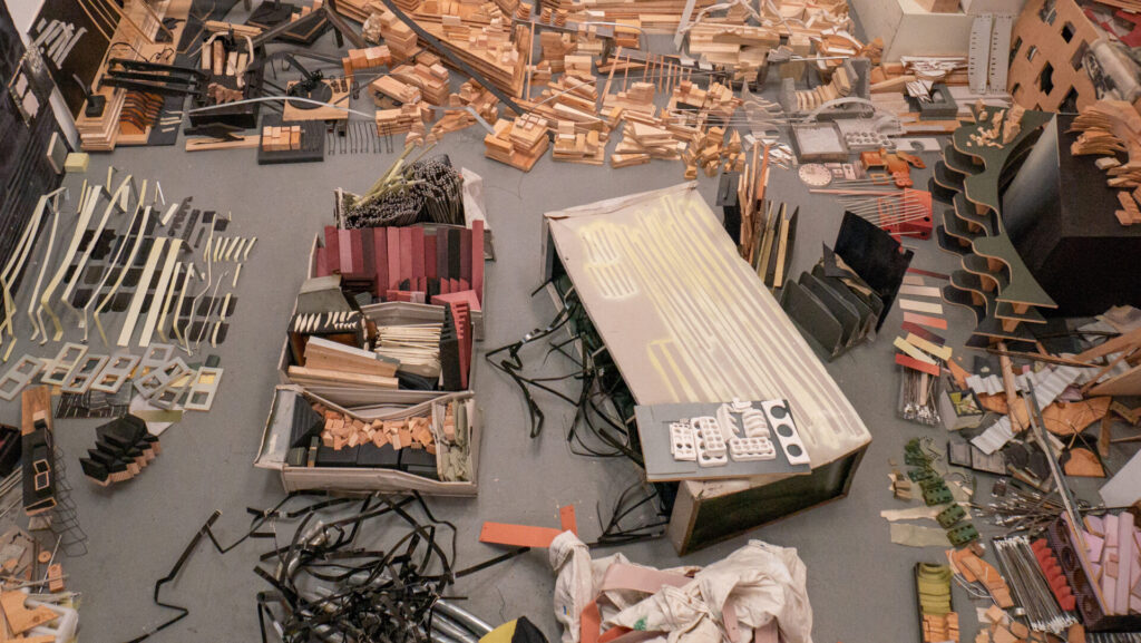 An arrangement of materials and objects in a room